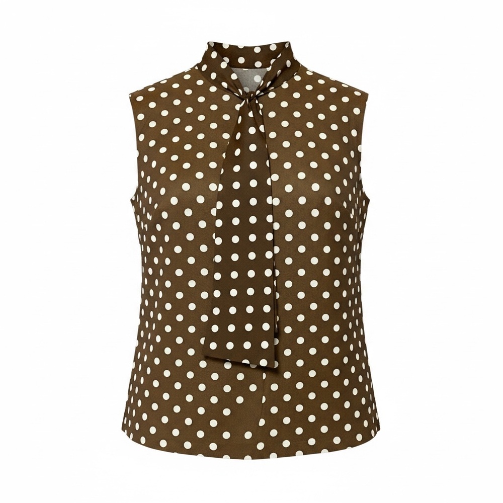 Rhodes California 70’s Vintage Blouse L Sleeveless Polka Dot Secretary Necktie